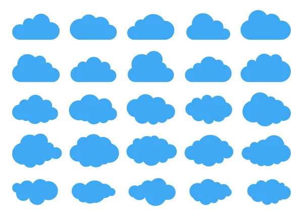 Siluetas de nubes. Conjunto vectorial de formas de nubes. Colección de diversas formas y contornos. Elementos de diseño para las aplicaciones de previsión meteorológica, interfaz web o almacenamiento en la nube — Archivo Imágenes Vectoriales