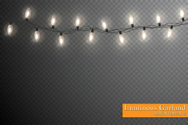 Girlanden, festliche Dekoration. leuchtende Weihnachtsbeleuchtung isoliert auf transparentem Hintergrund — Stockvektor