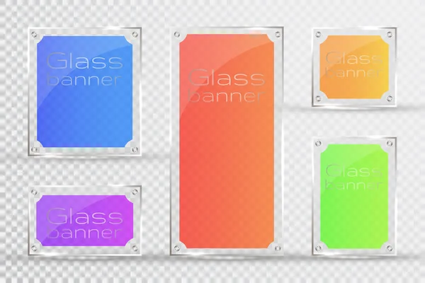 Des plaques de verre sont installées. Bannières en verre vectoriel sur fond transparent. Du verre. Peintures en verre. Cadres couleur — Image vectorielle