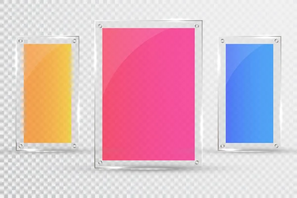 Glasplaten zijn geïnstalleerd. Vector glazen spandoeken op een transparante achtergrond. Glas. Glazen schilderijen. Kleurframes — Stockvector