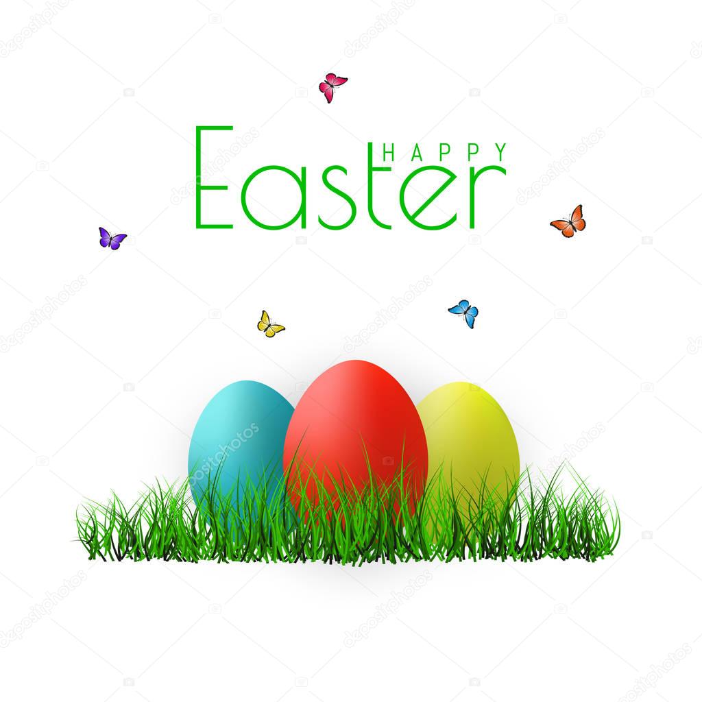 Vector Easter eggs with grass, butterfly and flowers isolated on a white background. Element for celebratory design