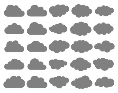 Bulutlar siluetleri. Bulutların vektör kümesi. Çeşitli form ve hatların toplanması. Hava tahmini, web arayüzü veya bulut depolama uygulamaları için tasarım ögeleri