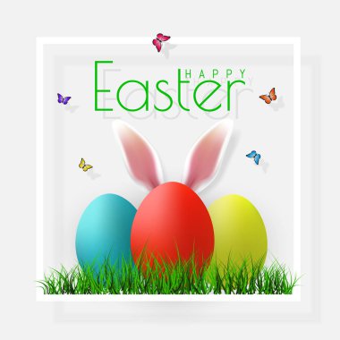 Mutlu paskalyalar. Vektör yumurta çimen, kelebek ve çiçek çerçevesinde, gri bir arka plan üzerinde izole