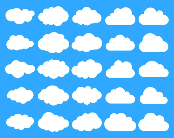 Siluetas de nubes. Conjunto vectorial de formas de nubes. Colección de diversas formas y contornos. Elementos de diseño para las aplicaciones de previsión meteorológica, interfaz web o almacenamiento en la nube — Archivo Imágenes Vectoriales