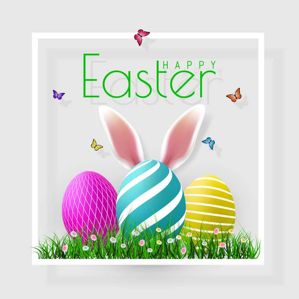 Happy Easter. Vector Easter eggs with grass, butterfly and flowers in frame, isolated on a gray background — Stock Vector