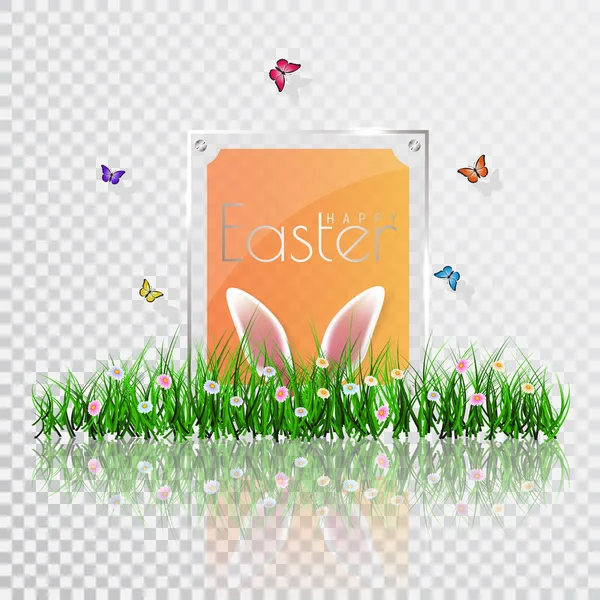 Frohe Ostern. Vektor-Ostereier mit Gras, Schmetterling und Blumen, isoliert auf transperentem Hintergrund — Stockvektor