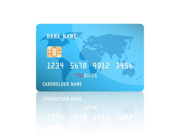 Realistische gedetailleerde creditcard met de kaart van de wereld op blauwe achtergrond. Vector illustratie ontwerp — Stockvector