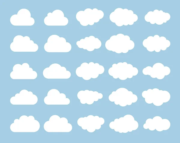 Siluetas de nubes. Conjunto vectorial de formas de nubes. Colección de diversas formas y contornos. Elementos de diseño para las aplicaciones de previsión meteorológica, interfaz web o almacenamiento en la nube — Archivo Imágenes Vectoriales