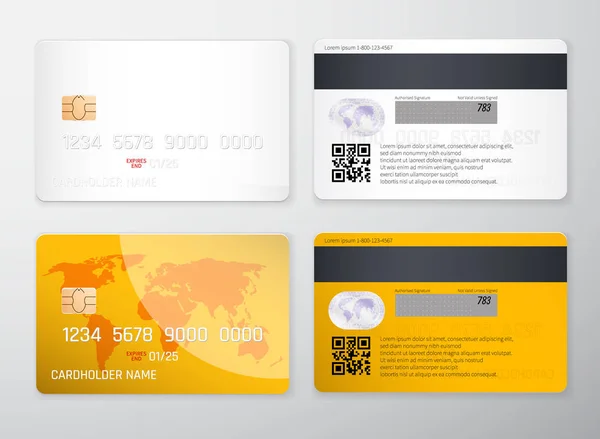 Creditcard mockup. Realistische gedetailleerde creditcards abstract ontwerp achtergrond instellen. Sjabloon voor voorzijde en achterzijde. Geld, symbool van de betaling. Vectorillustratie Eps10 — Stockvector