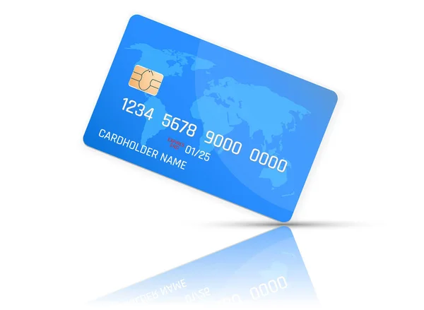 Realistische detaillierte Kreditkarte mit der Weltkarte auf blauem Hintergrund. Vektor Illustration Design — Stockvektor