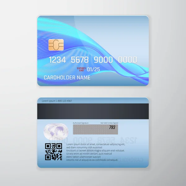 Tarjeta de crédito detallada realista con fondo azul. Diseño de ilustración vectorial — Vector de stock