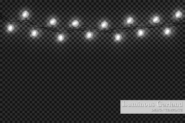 Çelenk, gerçekçi parlak garland Noel dekorasyon etkileri ışıklar. Noel dekorasyonu. Vektör tasarım öğeleri şeffaf bir arka plan üzerinde izole. Noel parlayan ışıklar