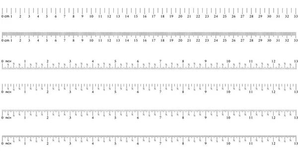 Regla 8 pulgadas. 16 pulgadas. 32 pulgadas. Graduación de una pulgada. 33 cm. Herramienta de medición. Graduación de Regla. Rejilla regla 33 cm. Unidades indicadoras de tamaño. Indicadores de tamaño del centímetro métrico. Vector — Archivo Imágenes Vectoriales