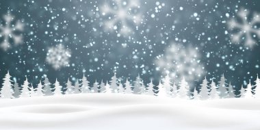 Noel karı. Mavi arka planda düşen kar taneleri. Kar yağışı. Vektör illüstrasyonu