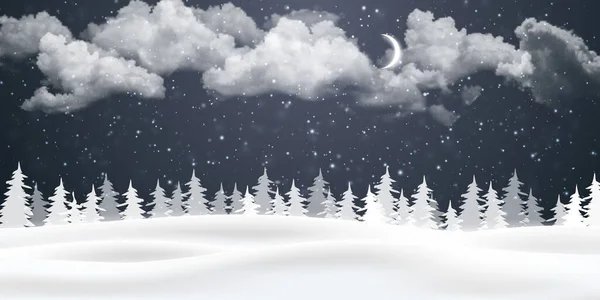 Kerstavond achtergrond met wolken, maan en vallende sneeuw. Winterlandschap. Vectorillustratie — Stockvector