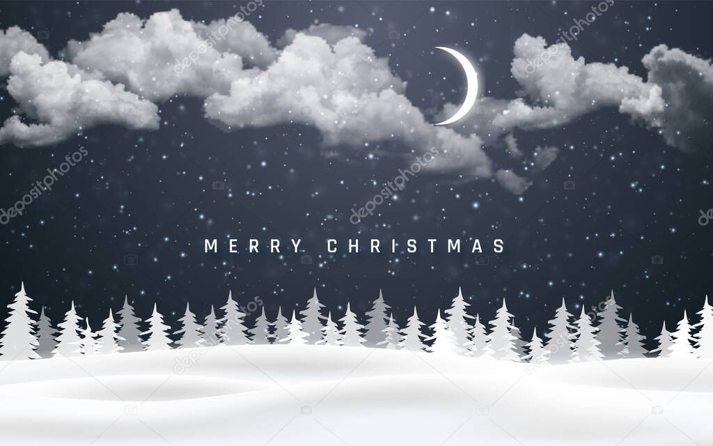 Christmas night background with clouds, moon and falling snow. Winter landscape. Vector illustration