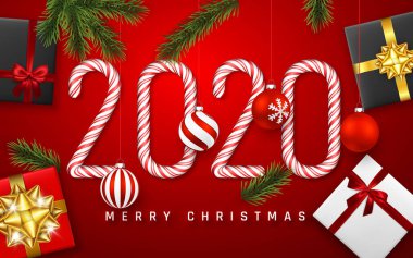 Mutlu yıllar tebrik kartı. Noel Ağacı Dalları ve Xmas Balosu ile 2020 numaralı şeker kamışı. Tatil Geçmişi. Vektör illüstrasyonu