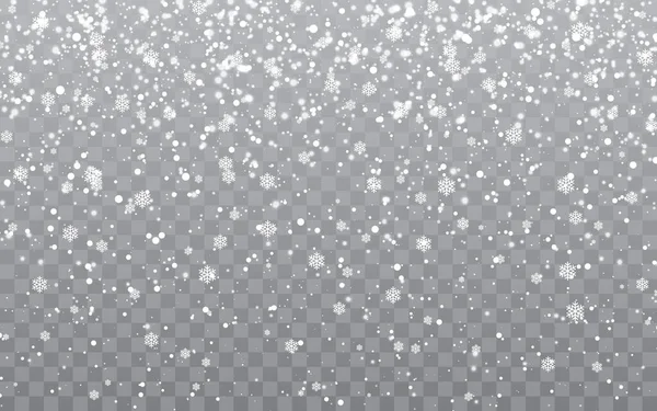 クリスマスの雪。透明な背景に雪片が降っています。降雪だ。ベクターイラスト — ストックベクタ