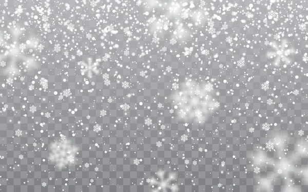 Weihnachtsschnee. Fallende Schneeflocken auf transparentem Hintergrund. Schneefall. Vektorillustration — Stockvektor