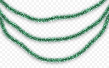 Christmas or New Year traditional decorations. Hanging glitter Xmas tinsel garland. Decor element. Vector illustration clipart