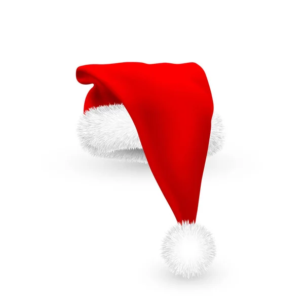 Ρεαλιστικό κόκκινο καπέλο Santa Claus απομονώνονται σε λευκό φόντο. Στραγγαλιστικό δίχτυ σκουφάκι Άγιος Βασίλης με γούνα. Εικονογράφηση διανύσματος — Διανυσματικό Αρχείο