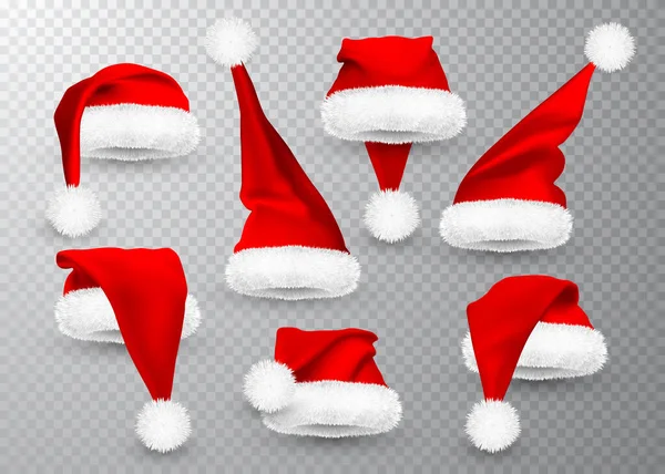 Ρεαλιστικό κόκκινο καπέλο Santa Claus απομονώνονται σε γκρι διαφανές φόντο. Στραγγαλιστικό δίχτυ σκουφάκι Άγιος Βασίλης με γούνα. Εικονογράφηση διανύσματος — Διανυσματικό Αρχείο