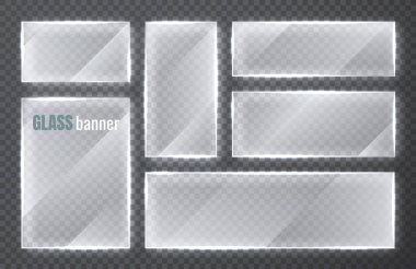 Cam tabaklar hazır. Şeffaf arkaplanda cam pankartlar. Düz cam pencere. Vektör illüstrasyonu