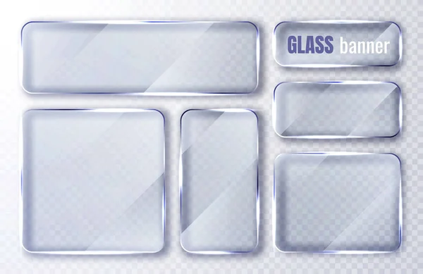 Üveglemezek beállítva. Üvegplakátok átlátszó háttérrel. Síküveg tiszta ablak. Vektorillusztráció — Stock Vector