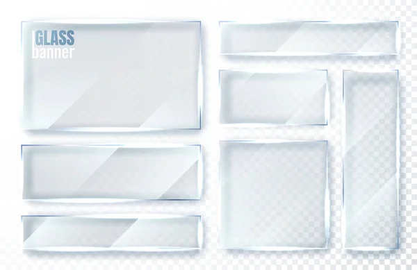 Glasplatten Set vorhanden. Glasbanner auf transparentem Hintergrund. Flachglasfenster klar. Vektorillustration — Stockvektor