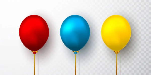 Ballons réalistes jaunes, rouges et bleus sur fond transparent avec ombre. Ballon d'hélium brillant pour mariage, anniversaire, fêtes. Décoration du festival. Illustration vectorielle — Image vectorielle