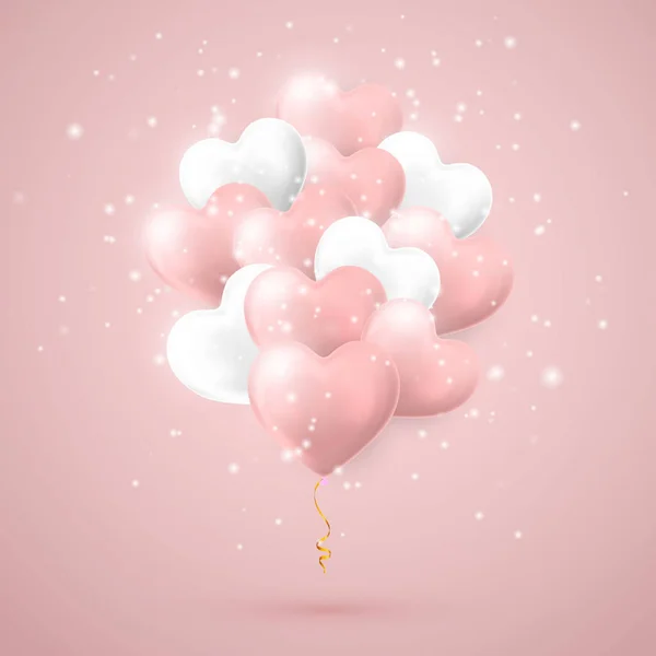 Sevgililer Günün kutlu olsun, kalp şeklinde uçan pembe ve beyaz helyum balonu. Vektör illüstrasyonu — Stok Vektör