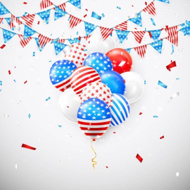 Hanging Bunting Flags for American Holidays card design. American balloons and flag garland with confetti background. Vector illustration