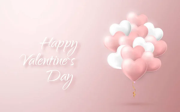 情人节快乐的背景,飘扬着一束粉色和白色的氦气气球,心形如心. 矢量说明 — 图库矢量图片