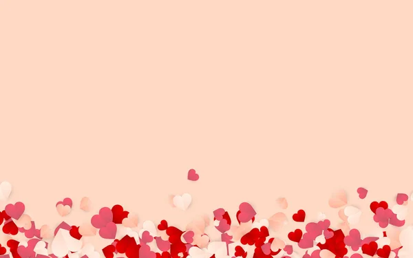 Feliz día de San Valentín fondo, papel rojo, rosa y blanco corazones naranja confeti. Ilustración vectorial — Archivo Imágenes Vectoriales