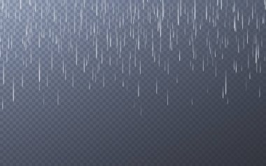 Şeffaf arka plan üzerine yağmur damlaları. Düşen su damlaları. Doğa yağışı. Vektör çizimi