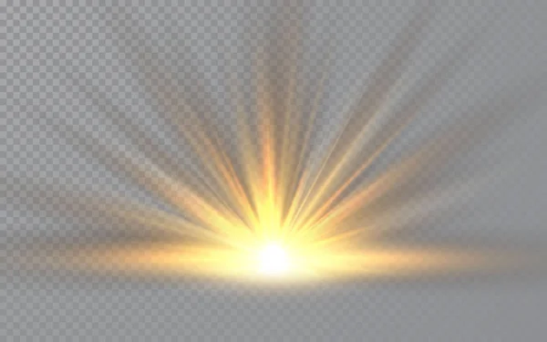 Wschód słońca. Światło słoneczne specjalny efekt lampy błyskowej obiektywu na przejrzystym tle. Efekt rozmycia światła. Ilustracja wektora — Wektor stockowy