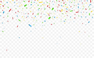 Renkli konfeti. Kutlama karnavalı parlayan parlak konfetileri düşürüyor. Lüks tebrik kartı. Vektör illüstrasyonu.