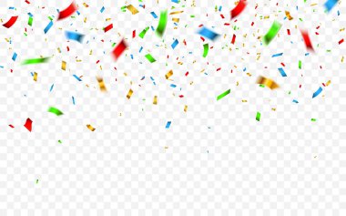Renkli konfeti. Kutlama karnavalı parlayan parlak konfetileri düşürüyor. Lüks tebrik kartı. Vektör illüstrasyonu.