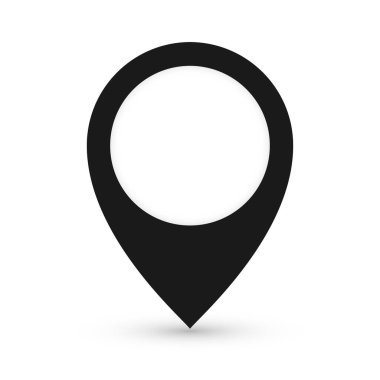 Harita imleci simgesini gölgeyle birlikte düz bir şekilde göster. Navigator sembolü beyaz arkaplanda izole edildi. Vektör illüstrasyonu.