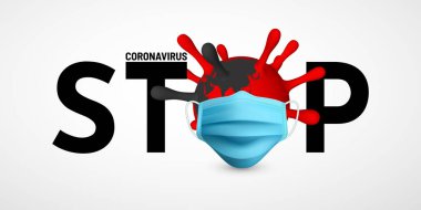 Coronavirus Covid-19, 2019-NKoV 'u durdurun. Virüs biriminin tıbbi maskesinin resmi. Dünya salgını konsepti. Vektör illüstrasyonu.