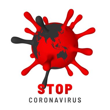 Coronavirus Covid-19, 2019-NKoV 'u durdurun. Virüs biriminin tasviri. Dünya salgını konsepti. Vektör illüstrasyonu.