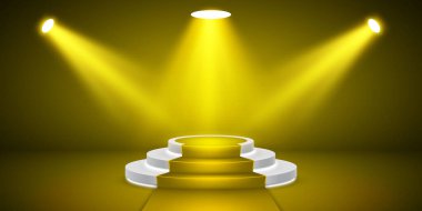 Işıklı sahne podyumu. Sahne vektör arkaplanı. Ödül töreni için halı sergilenen şenlikli sarı podyum sahnesi. Vektör illüstrasyonu.