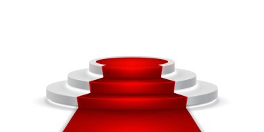 Yuvarlak sahne podyumu. Sahne vektör arkaplanı. Ödül töreni için kırmızı halılı şenlikli podyum sahnesi. Vektör illüstrasyonu.