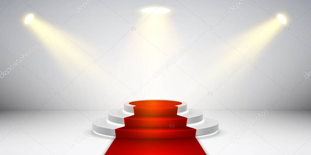 Round stage podium with light. Stage vector backdrop. Festive podium scene with red carpet for award ceremony. Vector illustration.