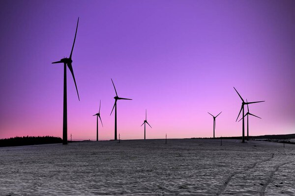 Wind turbines farm at sunset