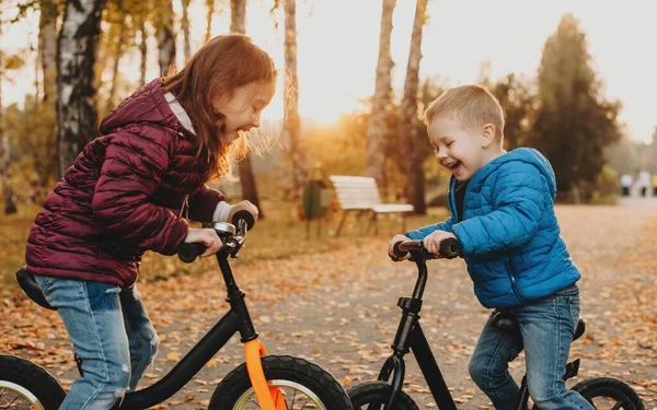 Bisikletleriyle parkta akşam yürüyüşü yapan iki arkadaş hiçbir şeyi umursamadan mutlu mesut oynuyorlar. — Stok fotoğraf