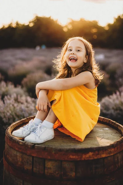 Menina pequena caucasiana vestida com um vestido amarelo sorrindo feliz enquanto sentada em um barril contra um campo de lavanda — Fotografia de Stock