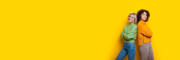 Curly haired caucasian ladies posing back to back on a yellow background with free space with crossed hands