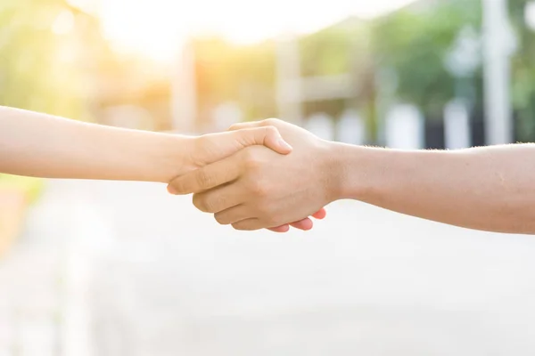 Close up on a asian women holding hands at green and sunset back — Stock Photo, Image