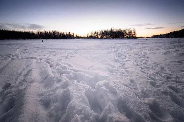 Lodowe jezioro i las pokryte są śniegiem i ładną blu — Zdjęcie stockowe